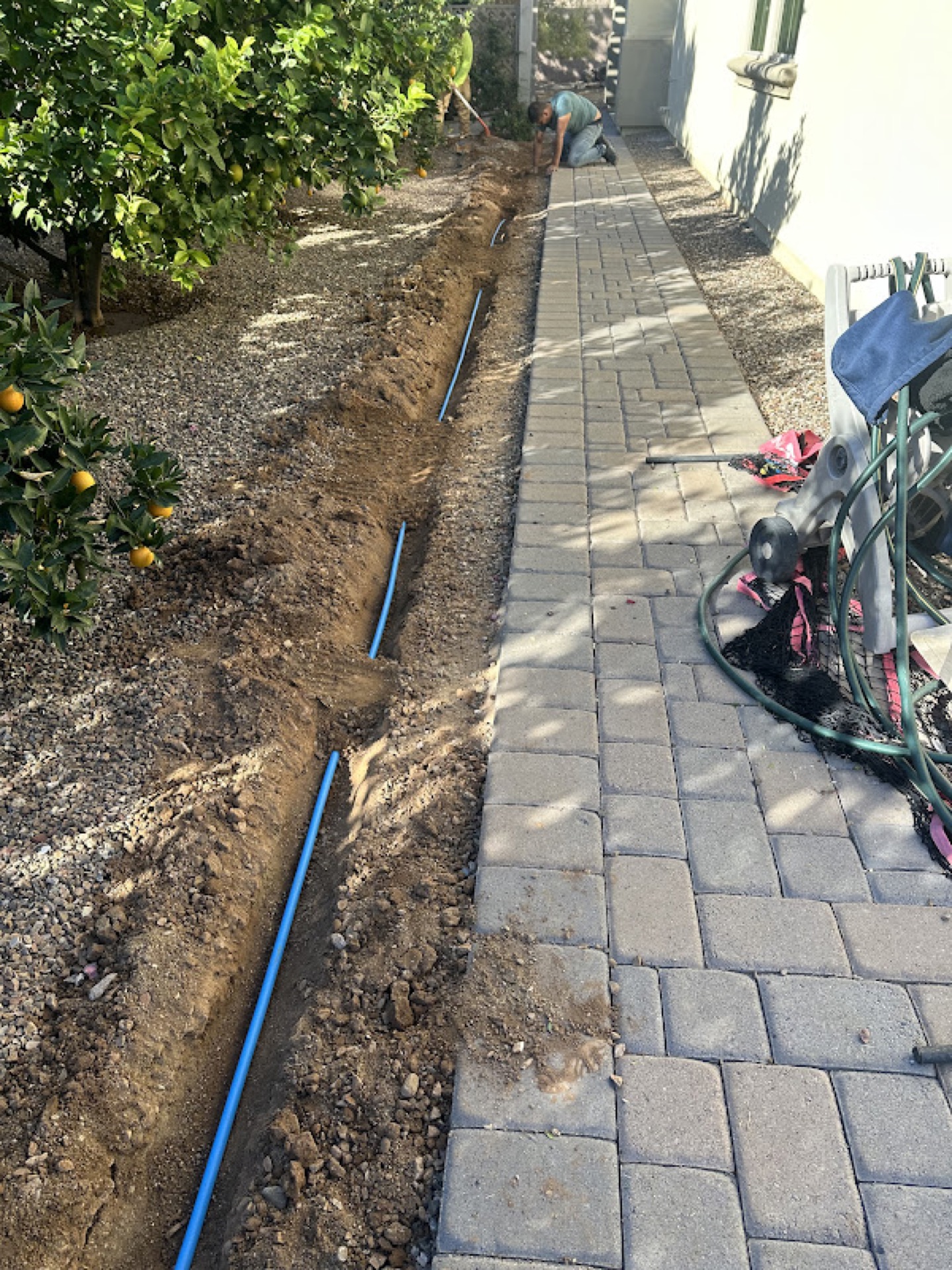 Irrigation line trench being prepared for drip system